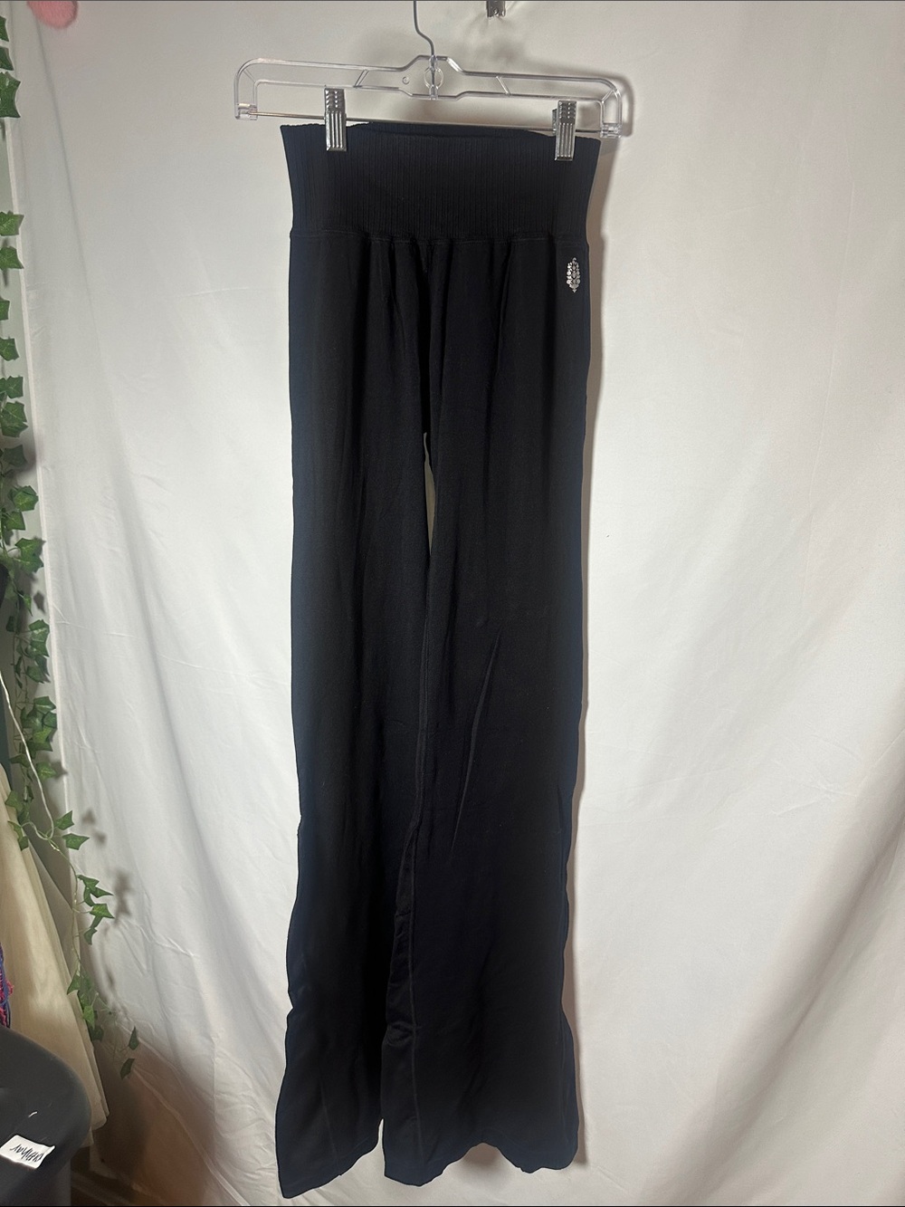 Free People Black High-Rise Wide-Leg Pants with Ribbed Waist
